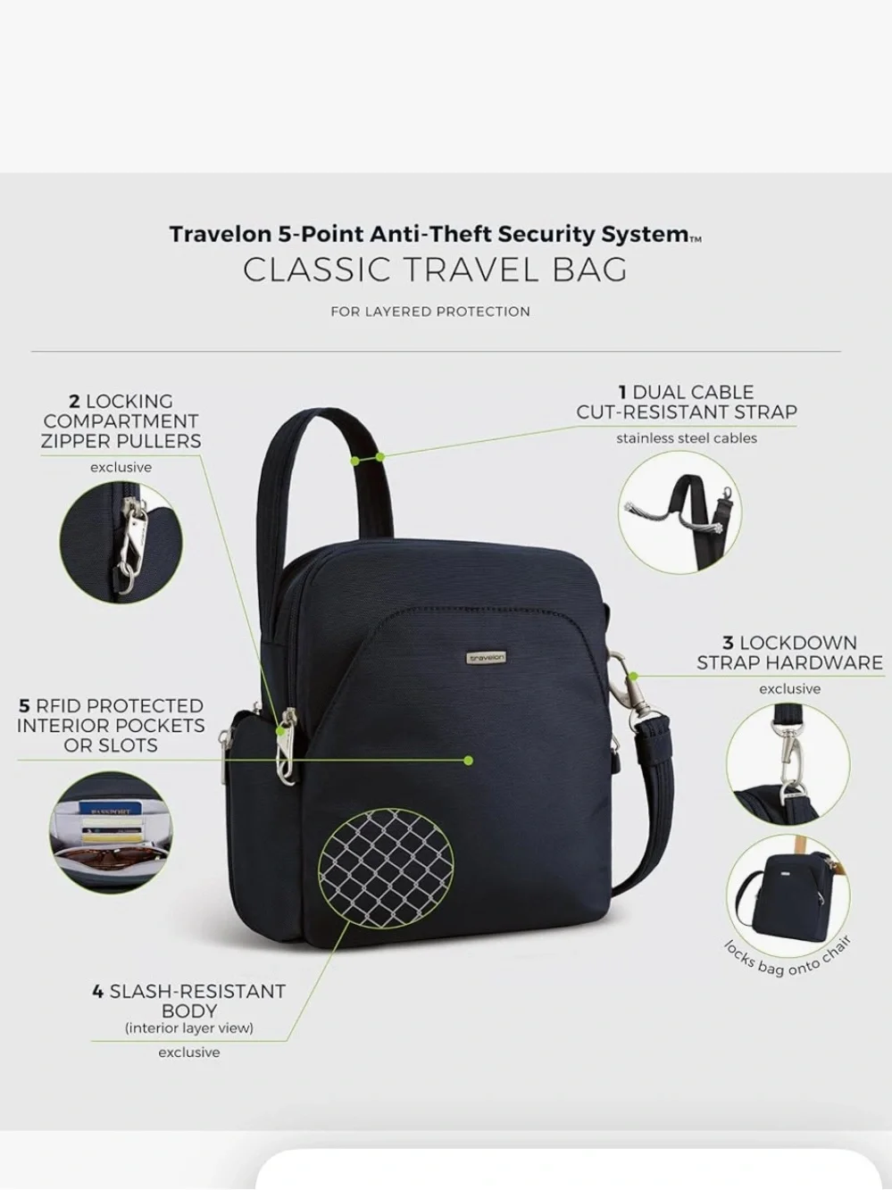 Travelon Anti-Theft Classic Travel Bag Blue Crossbody unisex
